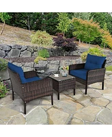 Sugift 3 Pieces Outdoor Patio Rattan Conversation Set with Seat Cushions-Navy