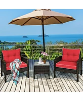 Sugift 3 Pcs Outdoor Patio Rattan Conversation Set with Seat Cushions-Red