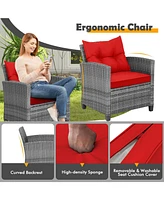 Sugift 3 Pieces Outdoor Wicker Conversation Set with Tempered Glass Tabletop-Red