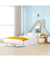 Slickblue Full Size Wood Floor Bed with House-shaped Headboard, Natural