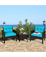 Sugift 3 Pcs Outdoor Patio Rattan Conversation Set with Seat Cushions-Turquoise