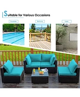 Sugift 5 Pieces Cushioned Patio Rattan Furniture Set with Glass Table-Turquoise