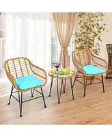Sugift 3 Pieces Rattan Furniture Set with Cushioned Chair Table-Turquoise
