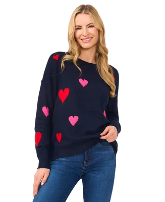 CeCe Women's Heart-Print Crewneck Long-Sleeve Sweater