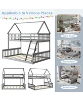 Sugift Twin Over Full House Bunk Bed with Ladder and Guardrails-Gray