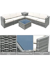 Sugift 8 Piece Wicker Sofa Rattan Dinning Set Patio Furniture with Storage Table-White