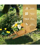 Sugift Wooden Wagon Planter with 9 Magnetic Accessories for Garden Yard-Walnut