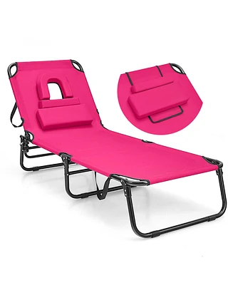 Sugift Beach Chaise Lounge Chair with Face Hole and Removable Pillow-Pink