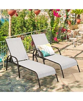 Sugift 2 Pcs Outdoor Patio Lounge Chair Chaise Fabric with Adjustable Reclining Armrest-Gray