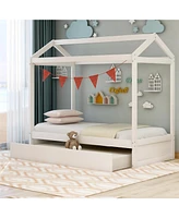 Slickblue Wooden House Bed with Trundle for Kids Space-Saving Design & Sturdy Frame