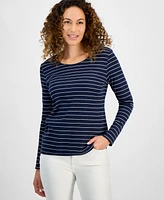 Style & Co Petite North Stripe Long-Sleeve Scoop-Neckline Top, Exclusively at Macy's