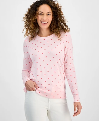 Style & Co Petite Heart Flip Core Crewneck Long Sleeve Sweater, Exclusively at Macy's