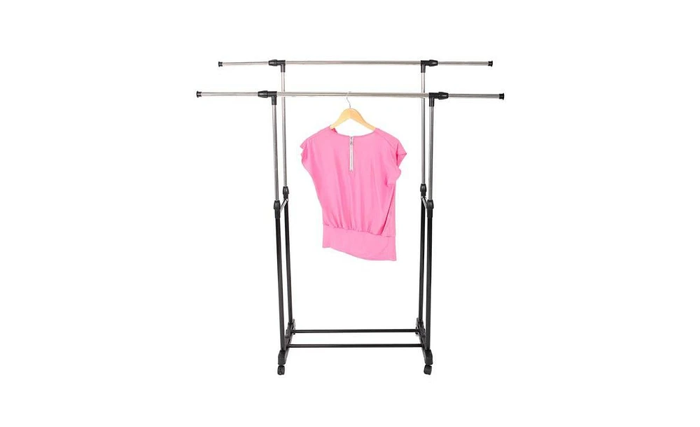 Slickblue Adjustable Dual-Bar Clothes Rack with Shoe Shelf, Vertical & Horizontal Stretch, Black & Silver Yj-04
