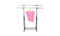 Slickblue Adjustable Dual-Bar Clothes Rack with Shoe Shelf, Vertical & Horizontal Stretch, Black & Silver Yj-04