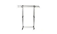 Slickblue Adjustable Dual-Bar Clothes Rack with Vertical & Horizontal Stretch and Shoe Shelf, Silver