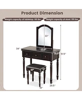 Sugift Makeup Vanity Table and Stool Set with Detachable Mirror and 3 Drawers Storage-Walnut