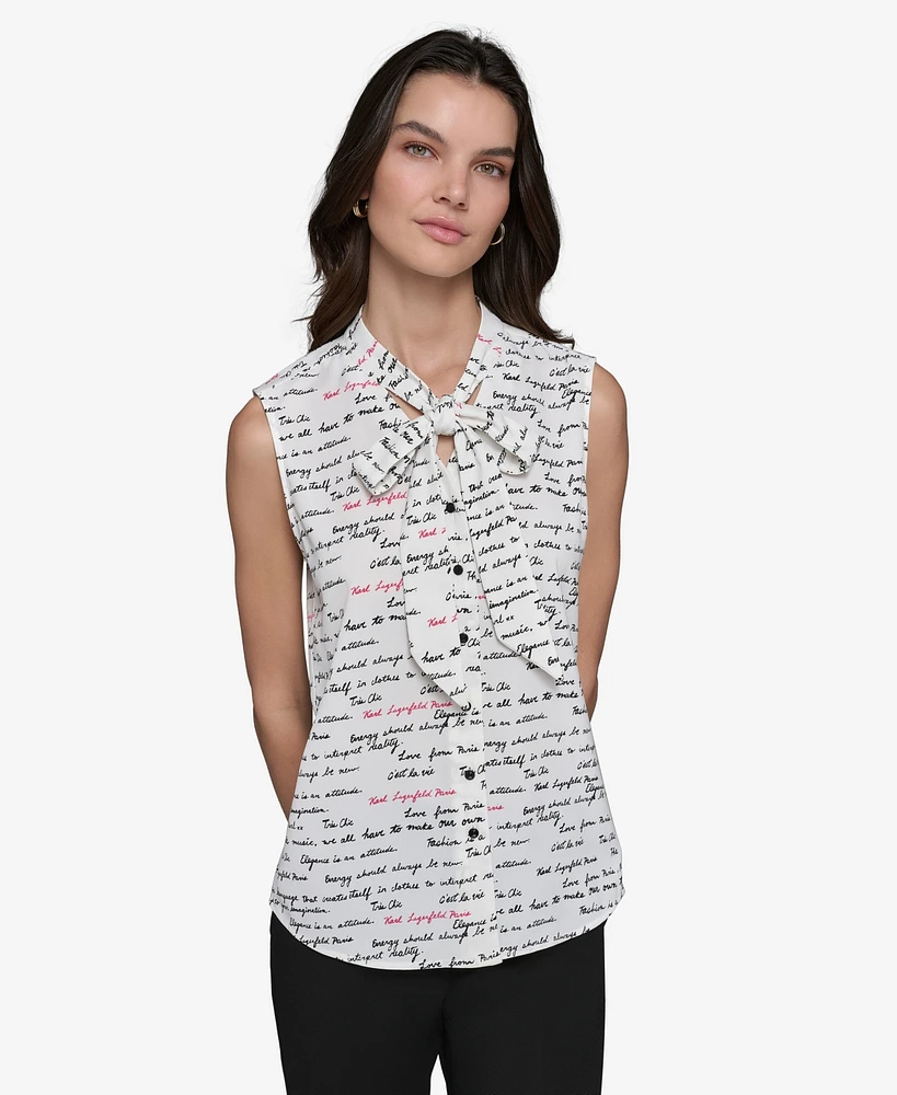 Karl Lagerfeld Paris Women's Printed Tie-Sleeve Sleeveless Blouse