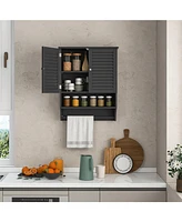 Sugift 2-Doors Bathroom Wall-Mounted Medicine Cabinet with Towel Bar-Black