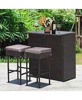 Sugift 3 Pieces Patio Rattan Wicker Bar Table Stools Dining Set-Gray & Off White