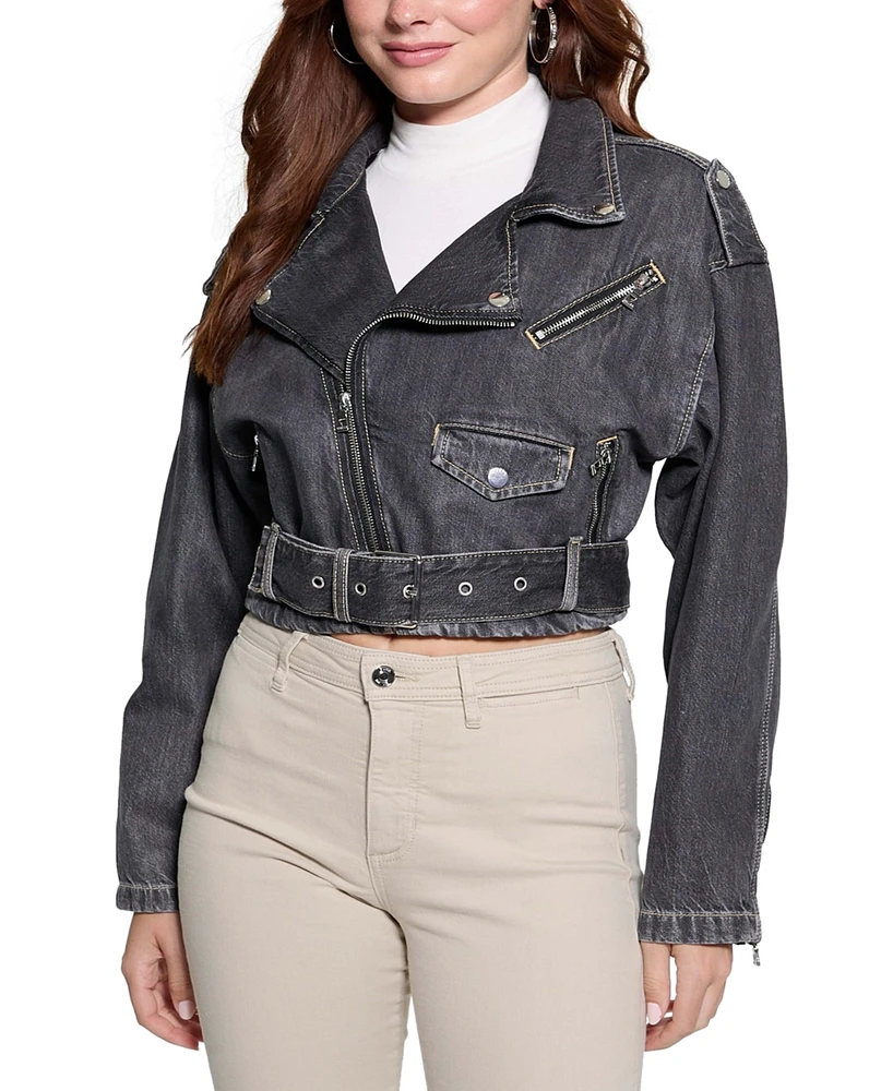 Guess Women's Cropped Belted-Hem Denim Moto Sandy Jacket