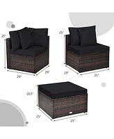 Sugift 4 Pieces Ottoman Garden Patio Rattan Wicker Furniture Set with Cushion-Black