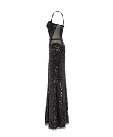 Milla Women's Sensational Black Maxi On Spaghetti Straps Covered In Sequins, Smoky Quartz