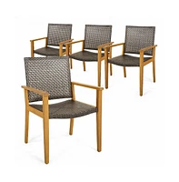 Sugift Set of 4 Outdoor Rattan Chair with Sturdy Acacia Wood Frame-Set of 4