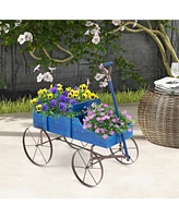 Sugift Wooden Wagon Plant Bed with Metal Wheels for Garden Yard Patio-Blue