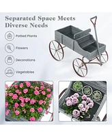 Sugift Wooden Wagon Plant Bed with Metal Wheels for Garden Yard Patio-Gray