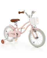 Sugift 14 Inch Kid's Bike with Removable Training Wheels and Basket-Pink