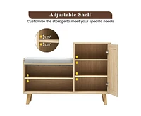 gaomon Rattan Shoe Storage Bench, Modern Shoe Storage Cabinet with Cushion and Adjustable Shelves, Narrow Shoe Organizer with Cabinet for Entryway, Ha