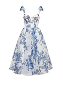 Milla Women's Charming Blue Hydrangea-Patterned Organza Midi Dress, Garden Of Eden