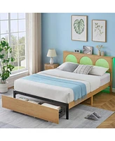gaomon Queen Size Bed Frame With Natural Rattan Headboard, With Natural Rattan Headboard And 2 Storage Drawers, With Led And Metal Platform ,Boho Cane
