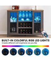 gaomon Wine Bar Cabinet with Led Light,Home Coffee Cabinet with Wine and Glass Rack,Kitchen Buffet Sideboard with Storage,Dark Grey