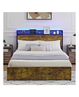 gaomon Queen Platform Bed Frame With Storage Headboard And 6 Storage Drawers,Led Bed Frame With Socket And Usb Port,Batten Bracing,No Spring Box Neede