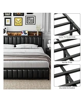 gaomon Full/Queen/King Size Bed Frame With Shelf Headboard And Charging Station, Industrial Upholstered Platform Bed With Outlets