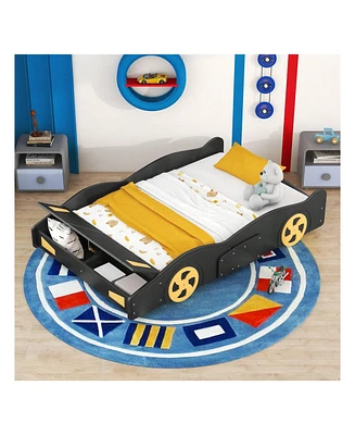 gaomon Full Size Platform Bed, Solid Wood Race Car-Shaped Bed Frame With Wheels And Storage Space For Boys Girls Teens Bedroom, No Box Spring Needed