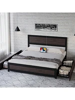 gaomon Full/Queen/King Bed Frame With Headboard,Industrial Platform 4 Storage Drawers And Charge Station,Strong Metal Slats Suppor
