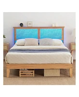 gaomon Rattan Bed Frame Queen With Natural Rattan Headboard,Queen Bed Frame With Led Lights,Rattan Queen Bed Frame With Headboard,Solid Wood Foundatio