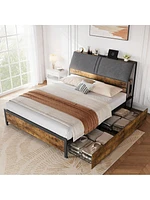 gaomon Full Bed Frame With Charging Station And 4 Storage Drawers, Metal Platform Bed With Ergonomic Large Storage Headboard, Noise-Free, No Box Sprin
