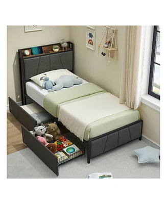 gaomon Twin/Full/Queen/King Size Bed Frame With 2 Storage Drawers And Charging Station, Rustic Linen Upholstered Platform Bedframe With Storage Headbo