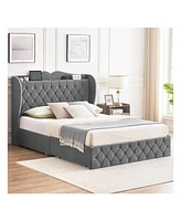 gaomon Bed Frame With Charging Station And 4 Storage Drawers, Velvet Upholstered Tall Tufted Wingback Headboard And Storage Shelf