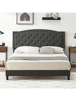 gaomon Upholstered Bed Frame with Height-Adjustable Headboard, Linen Platform Bed Frame Mattress Foundation with Wooden Slats Support