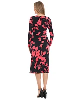 London Times Petite Floral Side-Ruched Long-Sleeve Midi Dress