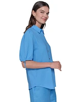 Karl Lagerfeld Paris Women's Linen-Blend Bungee-Sleeve Button-Front Top, Regular & Petite