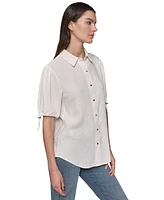 Karl Lagerfeld Paris Women's Linen-Blend Bungee-Sleeve Button-Front Top, Regular & Petite