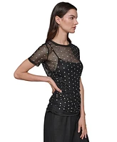 Karl Lagerfeld Paris Women's Embellished Mesh Crewneck Top