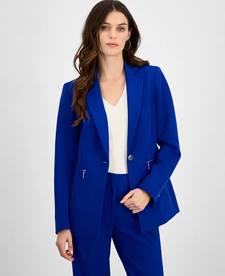 Anne Klein Petite One-Button Notch-Collar Zip-Pocket Blazer