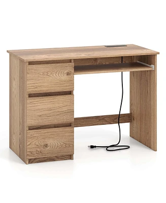 Costway Computer Desk with Power Outlet Keyboard Tray & 3 Large Drawers Type-c & Usb Ports