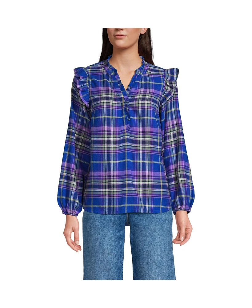 Lands' End Women's Ruffle Front Flannel Popover Blouse